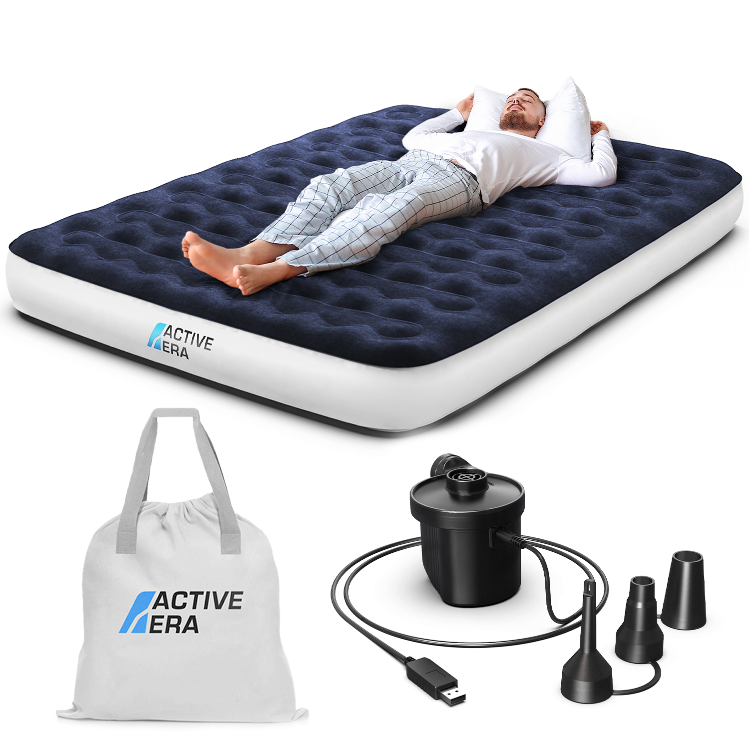 Queen Size Camping Air Mattress – Navy/White